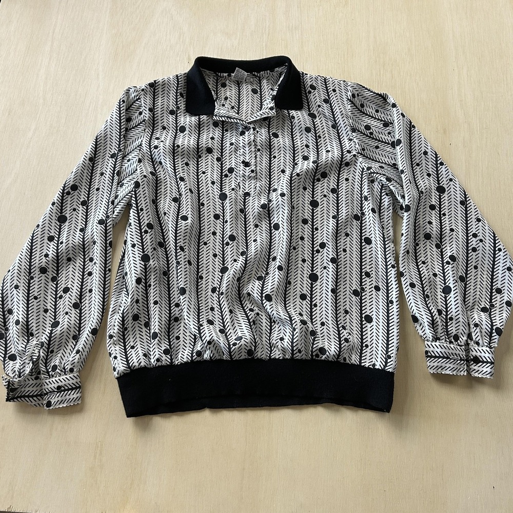 Vintage 90s Geometric Print Blouse Womens 16 White Black Collared Long Sleeve